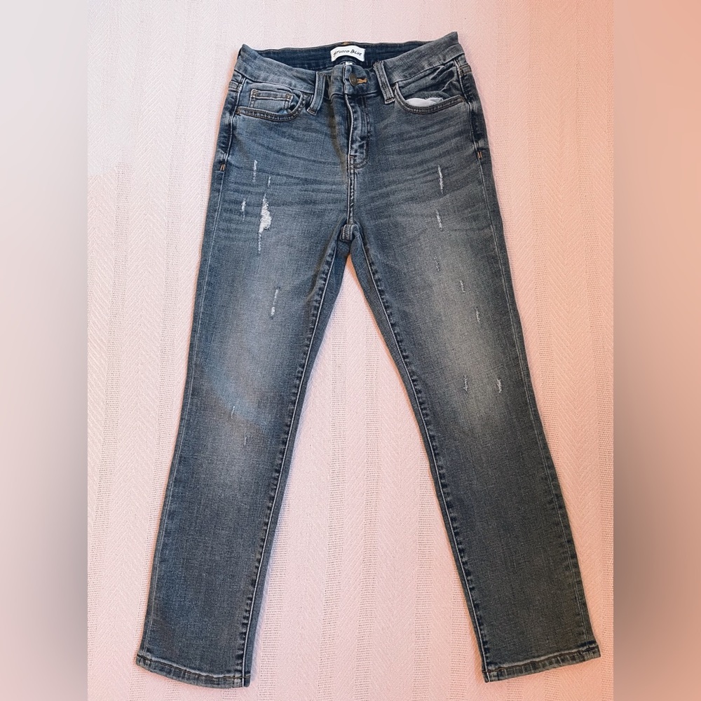 studio blue distressed mid rise skinny roll cuff jean